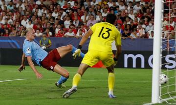 Haaland (left) scored twice in Manchester City's matchday-one win over Sevilla last week.