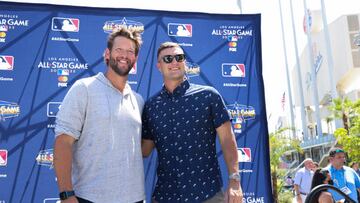 LOS ANGELES, CA - JULY 18:  Clayton Kershaw #22 of the Los Angeles Dodgers and Shane McClanahan #18 of the Tampa Bay Rays pose for a photo after the All-Star Press Conference at Dodger Stadium on Monday, July 18, 2022 in Los Angeles, California. (Photo by Rob Tringali/MLB Photos via Getty Images)