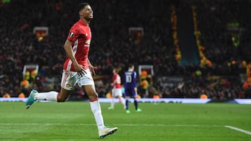 Manchester United's English striker Marcus Rashford celebrates scoring their second goal during the UEFA Europa League quarter-final second leg football match between Manchester United and Anderlecht at Old Trafford in Manchester, north west England,
