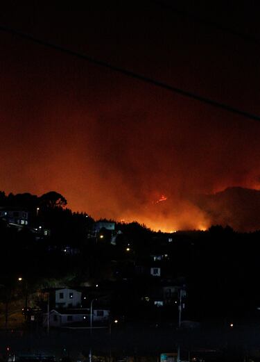 uego y humo se elevan desde un incendio forestal en la región del Biobío, donde múltiples incendios forestales provocaron evacuaciones de emergencia, según medios locales, en Concepción, Chile.