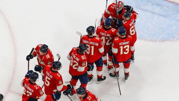 Teammates congratulate Goaltender Sergei Bobrovsky #72 of the Florida Panthers after the 6-1 win against the Tampa Bay Lightning in Game Five of the First Round of the 2024 Stanley Cup Playoffs.