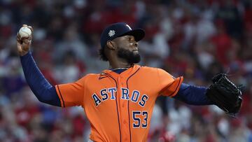 PHILADELPHIA, PENNSYLVANIA - NOVEMBER 02: Cristian Javier #53 of the Houston Astros delivers a pitch against the Philadelphia Phillies during the first inning in Game Four of the 2022 World Series at Citizens Bank Park on November 02, 2022 in Philadelphia, Pennsylvania.   Al Bello/Getty Images/AFP