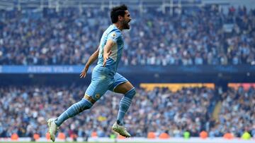 MANCHESTER, ENGLAND - MAY 22: Ilkay Guendogan of Manchester City celebrates after scoring their team&#039;s third goal during the Premier League match between Manchester City and Aston Villa at Etihad Stadium on May 22, 2022 in Manchester, England. (Photo