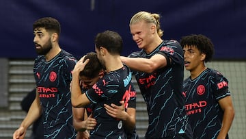 Soccer Football - Champions League - Group G - RB Leipzig v Manchester City - Red Bull Arena, Leipzig, Germany - October 4, 2023  Manchester City's Julian Alvarez celebrates scoring their second goal with Erling Braut Haaland, Bernardo Silva, Josko Gvardiol and Rico Lewis REUTERS/Lisi Niesner