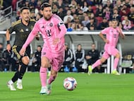 Inter Miami's Argentine forward #10 Lionel Messi controls the bqll during the Major League Soccer opening match between Los Angeles Football Club and Inter Miami CF at the LA Memorial Coliseum in Los Angeles, on February 21, 2026. (Photo by Frederic J. Brown / AFP)