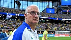 Brazil's coach Dorival Junior looks on ahead of the Conmebol 2024 Copa America tournament quarter-final football match between Uruguay and Brazil at Allegiant Stadium in Las Vegas, Nevada on July 6, 2024. (Photo by Robyn Beck / AFP)