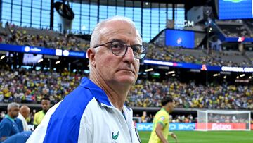 Brazil's coach Dorival Junior looks on ahead of the Conmebol 2024 Copa America tournament quarter-final football match between Uruguay and Brazil at Allegiant Stadium in Las Vegas, Nevada on July 6, 2024. (Photo by Robyn Beck / AFP)