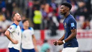 Aurelien TCHOUAMENI of France celebrates his goal during the FIFA World Cup Qatar 2022, quarterfinal match between England and France at Al Bayt Stadium on December 10, 2022 in Al Khor, Qatar. (Photo by Baptiste Fernandez/Icon Sport via Getty Images)