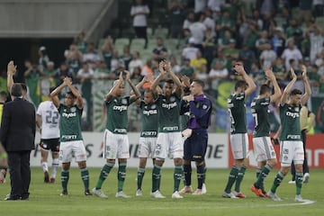 BRA68. SAO PAULO (BRASIL), 03/10/2018.- Jugadores de Palmeiras saludan al público hoy, miércoles 3 de octubre de 2018, al final de un partido de cuartos de final entre Palmeiras y Colo Colo de la Copa Libertadores, en el estadio Allianz Parque de la ciudad de Sao Paulo (Brasil). EFE/Sebastião Moreira