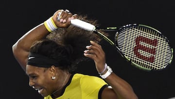 Serena Williams of the US plays a forehand return during her women&#039;s singles semi-final match against Poland&#039;s Agnieszka Radwanska on day eleven of the 2016 Australian Open tennis tournament in Melbourne.
