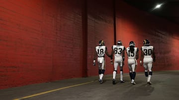 LOS ANGELES, CA - DECEMBER 11: (L-R) Kenny Britt #18, Brian Quick #83, Bradley Marquez #15 and Todd Gurley #30 of the Los Angeles Rams walk down the tunnel for warm ups prior to the start of the game against the Atlanta Falcons at Los Angeles Memorial Coliseum on December 11, 2016 in Los Angeles, California. The Falcons defeated the Rams 42-14. Jeff Gross/Getty Images/AFP
== FOR NEWSPAPERS, INTERNET, TELCOS & TELEVISION USE ONLY ==