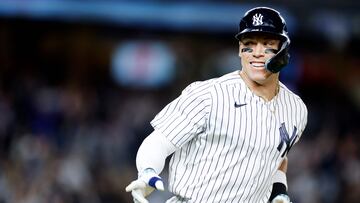 NEW YORK, NEW YORK - SEPTEMBER 22: Aaron Judge #99 of the New York Yankees reacts after hitting a solo home run during the seventh inning of the game against the Arizona Diamondbacks at Yankee Stadium on September 22, 2023 in the Bronx borough of New York City. Sarah Stier/Getty Images/AFP (Photo by Sarah Stier / GETTY IMAGES NORTH AMERICA / Getty Images via AFP)