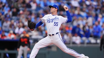 KANSAS CITY, MISSOURI - APRIL 20: Cole Ragans #55 of the Kansas City Royals pitches against the Baltimore Orioles during the first inning at Kauffman Stadium on April 20, 2024 in Kansas City, Missouri.   Kyle Rivas/Getty Images/AFP (Photo by Kyle Rivas / GETTY IMAGES NORTH AMERICA / Getty Images via AFP)