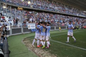 Alegría de los Jugadores del Málaga por el gol de Luis Alberto 