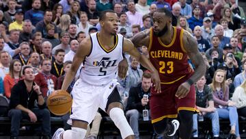 Jan 10, 2017; Salt Lake City, UT, USA; Cleveland Cavaliers forward LeBron James (23) defends against Utah Jazz guard Rodney Hood (5) during the second half at Vivint Smart Home Arena. The Jazz won 100-92. Mandatory Credit: Russ Isabella-USA TODAY Sports