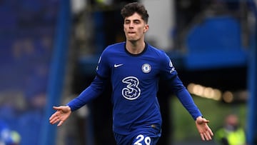 01 May 2021, United Kingdom, London: Chelsea&#039;s Kai Havertz celebrates scoring his side&#039;s second goal during the English Premier League soccer match between Chelsea and Fulham at Stamford Bridge. Photo: Neil Hall/PA Wire/dpa
 01/05/2021 ONLY FOR 