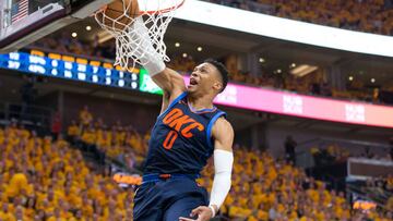 Apr 27, 2018; Salt Lake City, UT, USA; Oklahoma City Thunder guard Russell Westbrook (0) dunks the ball during the first half of game six of the first round of the 2018 NBA Playoffs against the Utah Jazz at Vivint Smart Home Arena. Mandatory Credit: Russ Isabella-USA TODAY Sports