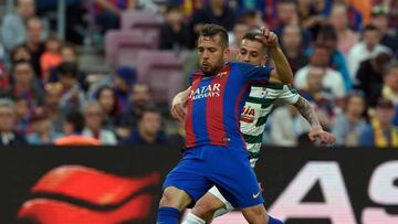 Jordi Alba durante el &uacute;ltimo encuentro de Liga de la temporada en el Camp Nou ante el Eibar.