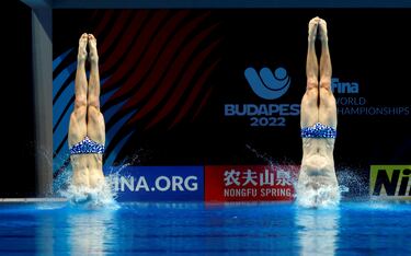 Los neozelandeses Liam Stone y Frazer Tavener saltan desde el trampolín de tres metros durante su participación en la final de los Mundiales de natación que se disputan en Budapest (Hungría). Tal y como se aprecia en la imagen, la sincronización que alcanzan los deportistas en esta especialidad es prácticamente perfecta.
