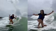 The Colombian pop star, who has become something of a surf addict, has posted a video of herself showing off her wakesurfing skills in spite of the elements.