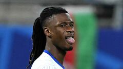 France's midfielder #06 Eduardo Camavinga reacts during the UEFA Euro 2024 quarter-final football match between Portugal and France at the Volksparkstadion in Hamburg on July 5, 2024. (Photo by PATRICIA DE MELO MOREIRA / AFP)