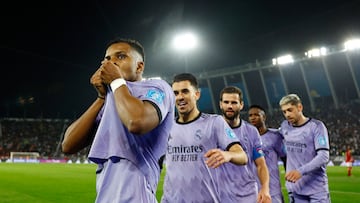 Soccer Football - FIFA Club World Cup - Semi Final - Al Ahly v Real Madrid - Prince Moulay Abdellah Stadium, Rabat, Morocco - February 8, 2023 Real Madrid's Rodrygo celebrates scoring their third goal with Dani Ceballos REUTERS/Susana Vera