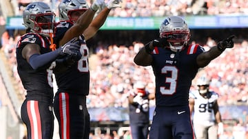 Sep 28, 2025; Foxborough, Massachusetts, USA; New England Patriots wide receiver Stefon Diggs (8), tight end Hunter Henry (85), and wide receiver Demario Douglas (3) react after a play against the Carolina Panthers during the second half at Gillette Stadium. Mandatory Credit: Brian Fluharty-Imagn Images