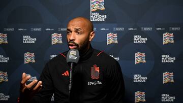 AMSTERDAM, NETHERLANDS - SEPTEMBER 25: Thierry Henry, Head Coach of Belgium speaks to media following their sides defeat the UEFA Nations League League A Group 4 match between Netherlands and Belgium at Johan Cruijff ArenA on September 25, 2022 in Amsterdam, Netherlands. (Photo by Oliver Hardt - UEFA/UEFA via Getty Images)