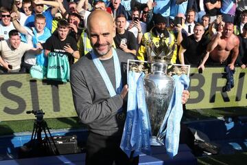 Guardiola celebrates winning a second straight Premier League title with City at the weekend.