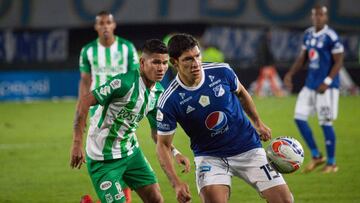 Roberto Ovelar ante la marca de Jorman Campuzano en el juego entre  Millonarios y Nacional por la fecha 4 de Liag &Aacute;guila I-2018