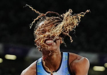 La venezolana Yulimar Rojas reacciona durante la final de triple salto femenino.