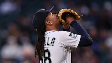 SEATTLE, WASHINGTON - APRIL 04: Luis Castillo #58 of the Seattle Mariners reacts after the fourth inning against the Los Angeles Angels at T-Mobile Park on April 04, 2023 in Seattle, Washington.   Steph Chambers/Getty Images/AFP (Photo by Steph Chambers / GETTY IMAGES NORTH AMERICA / Getty Images via AFP)