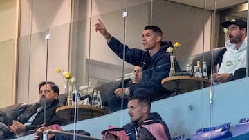 Soccer Football - Saudi Pro League - Al Nassr v Al Hazem - Al-Awwal Park, Riyadh, Saudi Arabia - February 29, 2024 Al Nassr's Cristiano Ronaldo watches the match from the stands REUTERS/Stringer