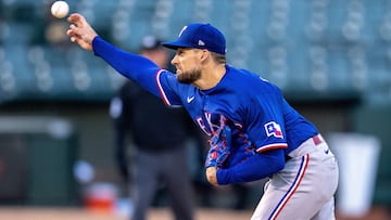 May 11, 2023; Oakland, California, USA; Texas Rangers starting pitcher Nathan Eovaldi (17) delivers a pitch against the Oakland Athletics during the first inning at Oakland-Alameda County Coliseum. Mandatory Credit: Neville E. Guard-USA TODAY Sports
