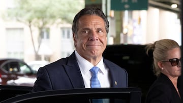 New York Governor Andrew Cuomo arrives to depart in his helicopter after announcing his resignation in Manhattan.