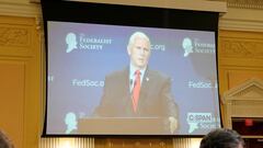 Vice President Mike Pence speaks about the January 6 attack on the US Capitol during an address to the Federalist Society in a video during the public hearing of the House Select Committee.