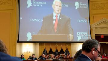 Vice President Mike Pence speaks about the January 6 attack on the US Capitol during an address to the Federalist Society in a video during the public hearing of the House Select Committee.