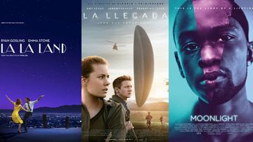 Carteles de La ciudad de las estrellas (La La Land), La llegada y Moonlight, las tres grandes favoritas de los Premios Oscars 2017.