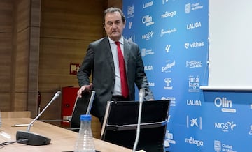 José María Muñoz, administrador judicial del Málaga CF, en la rueda de prensa para explicar las cuentas de la temporada 2023-24.