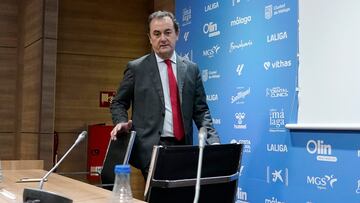 José María Muñoz, administrador judicial del Málaga CF, en la rueda de prensa para explicar las cuentas de la temporada 2023-24.