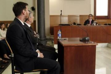 FC Barcelona's Lionel Messi (R) and his father Jorge Horacio Messi (L) in Barcelona's high court.