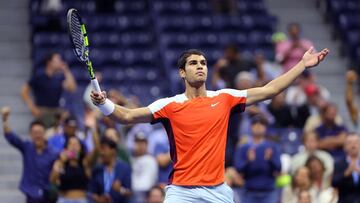 Carlos Alcaraz celebrates winning a point against Jannik Sinner during their Singles Quarterfinal match on Day Ten of the 2022 US Open.