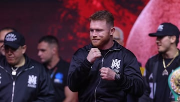 Mexico's Canelo Alvarez gestures on stage during the eigh in ahead of his super middleweight boxing match against Cuba's William Scull in Riyadh on May 2, 2025. (Photo by Fayez NURELDINE / AFP)