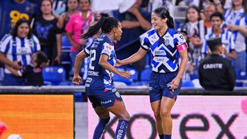 Rebeca Bernal celebrates her goal 2-0 with Jermaine Seoposenwe of Monterrey during the semifinals first leg match between Monterrey and Pachuca as part of the Torneo Clausura 2024 Liga MX Femenil at BBVA Bancomer Stadium, on May 17, 2024 in Monterrey, Nuevo Leon, Mexico.