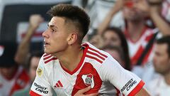 River Plate's midfielder Claudio Echeverri celebrates after scoring a goal during the Argentine Professional Football League Cup 2024 match between River Plate and Gimnasia at El Monumental Stadium in Buenos Aires on March 17, 2024. (Photo by ALEJANDRO PAGNI / AFP)