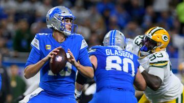 Dec 5, 2024; Detroit, Michigan, USA; Detroit Lions quarterback Jared Goff (16) looks to throw a pass against the Green Bay Packers in the first quarter at Ford Field. Mandatory Credit: Lon Horwedel-Imagn Images