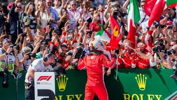 NORTHAMPTON, ENGLAND - JULY 08: Sebastian Vettel of Ferrari and Germany wins the Formula One Grand Prix of Great Britain at Silverstone on July 8, 2018 in Northampton, England. (Photo by Peter J Fox/Getty Images)