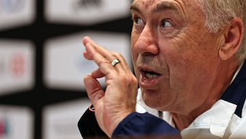 Real Madrid's Italian coach Carlo Ancelotti attends a press conference in Jeddah on January 11, 2025, on the eve of their Spanish Super Cup final football match against Barcelona. (Photo by FADEL SENNA / AFP)