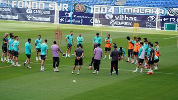 Pellicer dialoga con sus jugadores sobre el césped de La Rosaleda.