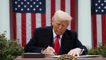 U.S. President Donald Trump signs an executive order on tariffs, in the Rose Garden at the White House in Washington, D.C., U.S., April 2, 2025. REUTERS/Leah Millis